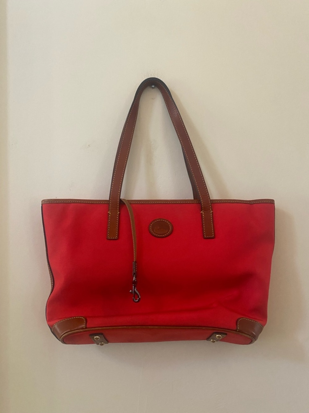 Dooney & Bourke Red Canvas Leather Trim Pocket Tote Bag